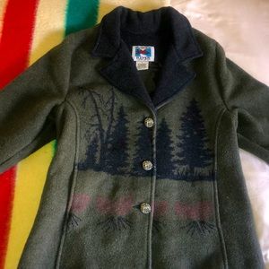 EUC Vintage Moose Print Fleece Coat Size M Silvertone Moose Buttons